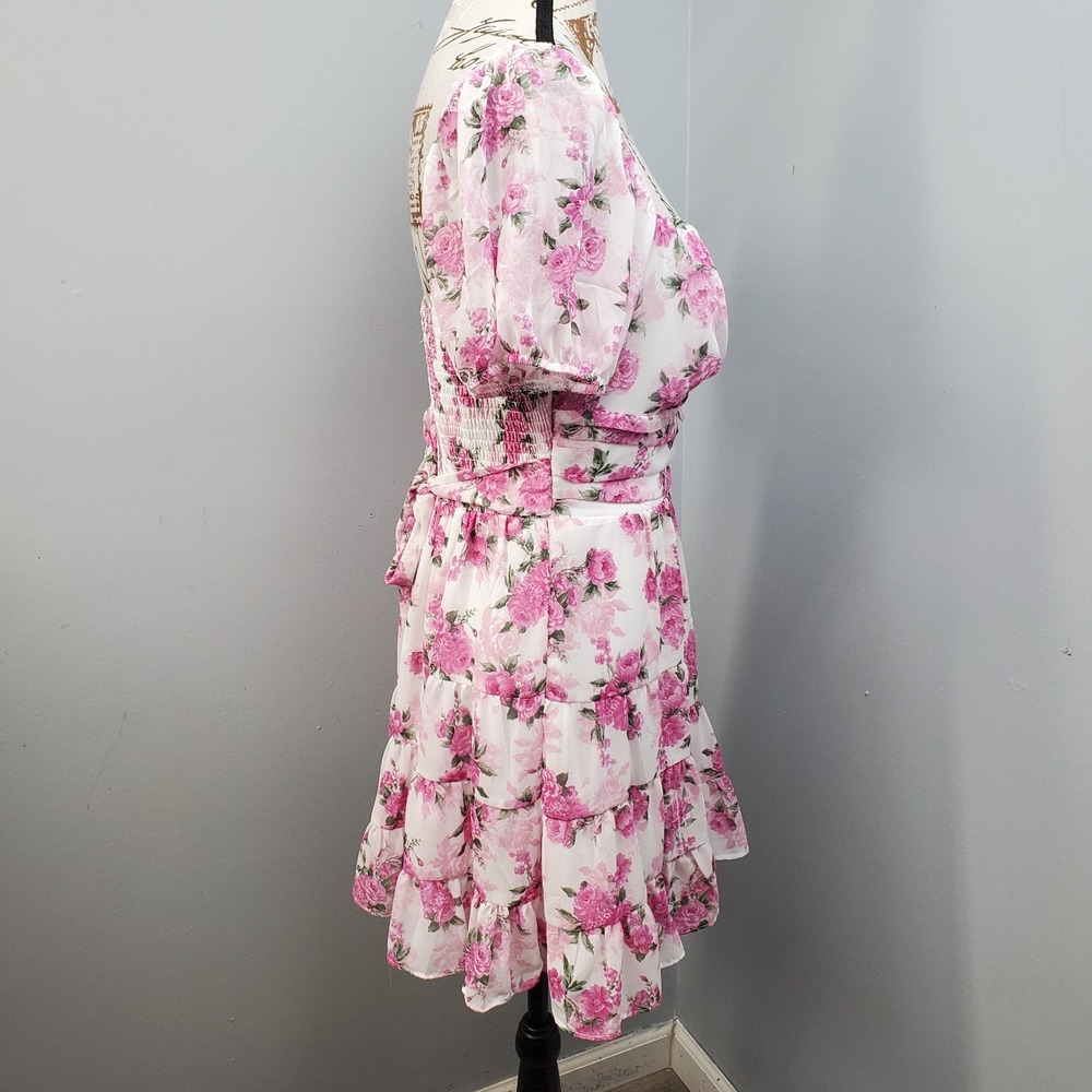 B. Smart Mini Dress Womens 9 Multi Floral Tie Back Puff Sleeve Sweetheart Neck - Picture 13 of 14